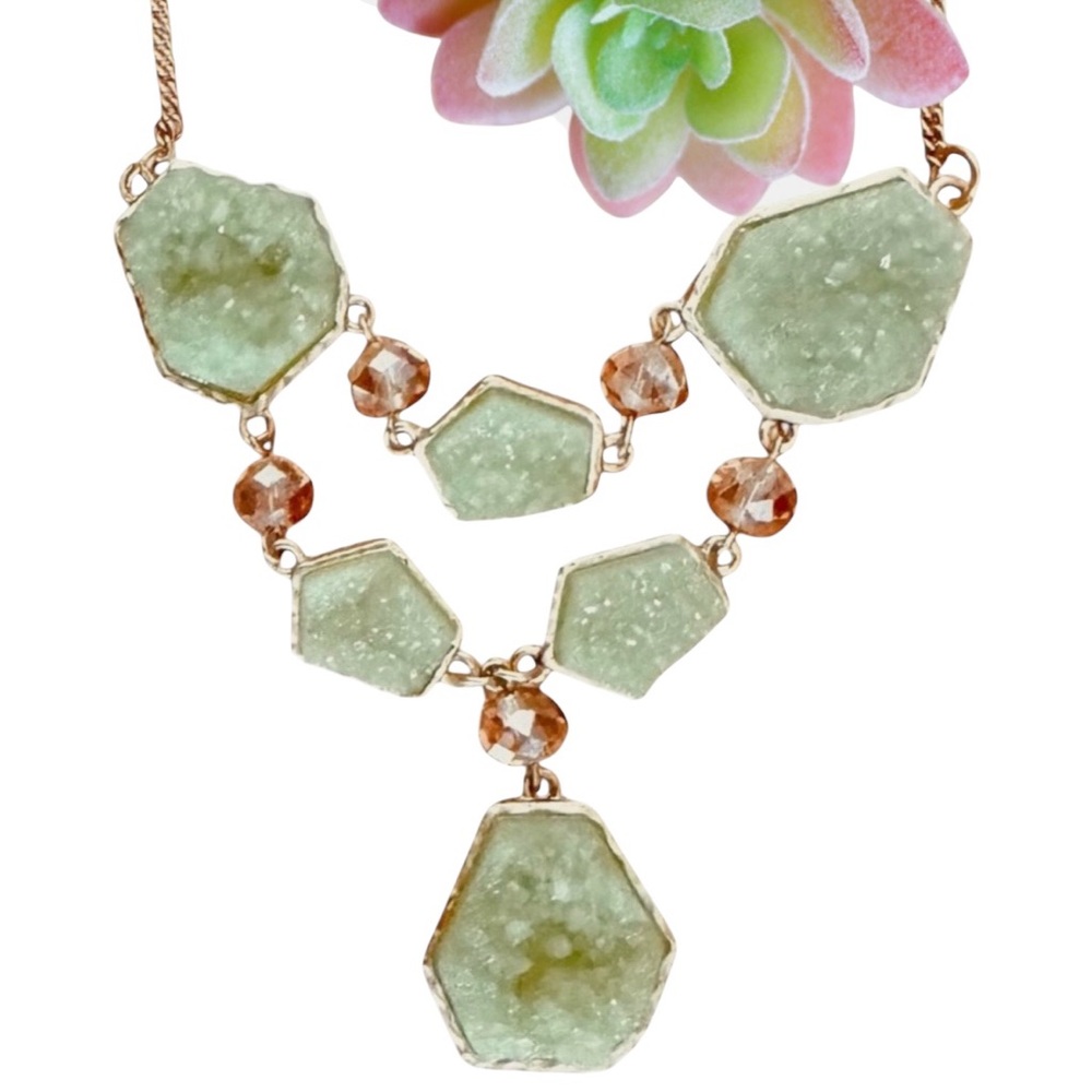 Green Druzy Gemstone Statement Necklace with Faceted Amber Beads Gold Setting